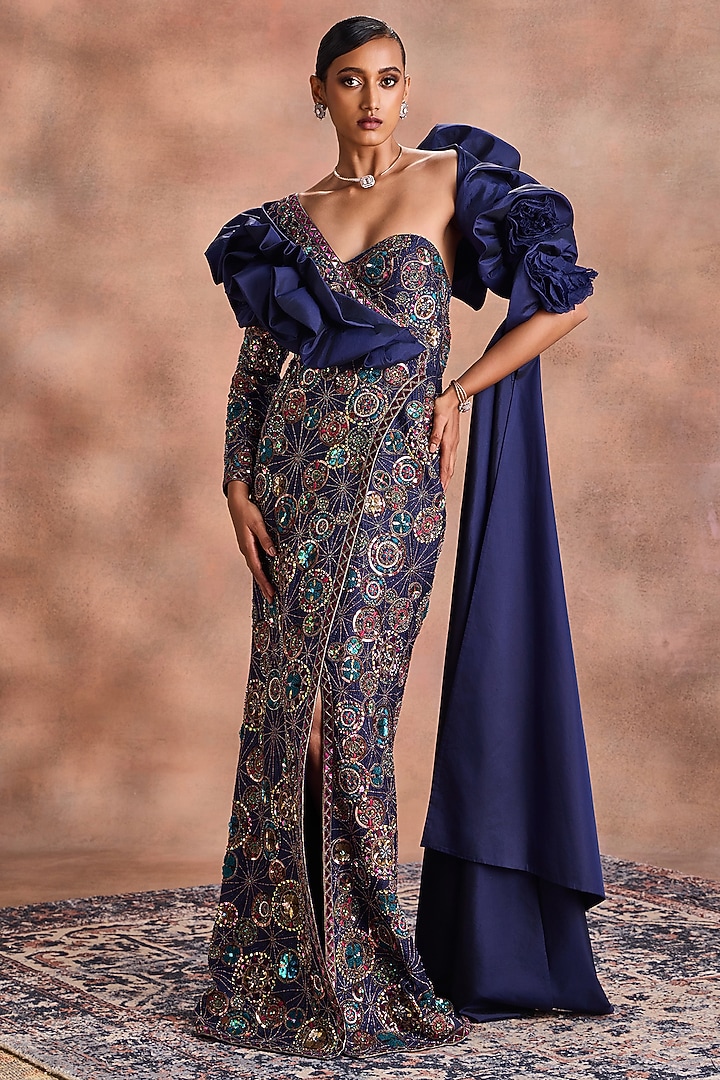 Navy Blue Pure Silk Embroidered Bridal Gown by Supria Munjal at Pernia's Pop Up Shop