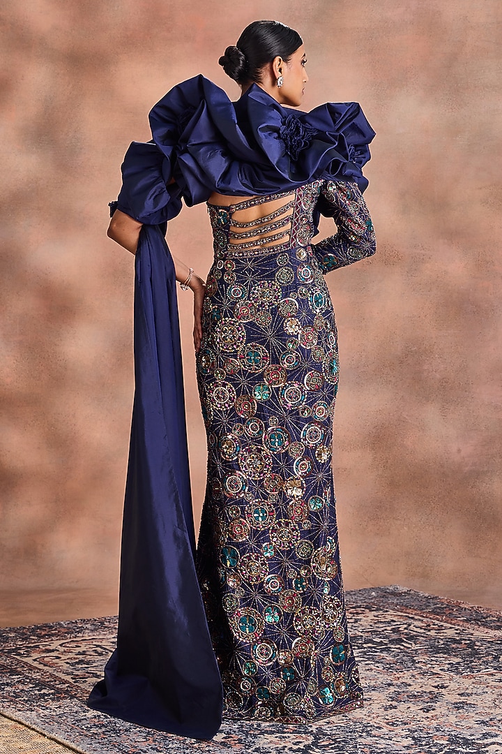 Navy Blue Pure Silk Embroidered Bridal Gown by Supria Munjal at Pernia's Pop Up Shop