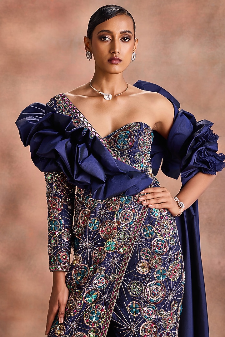 Navy Blue Pure Silk Embroidered Bridal Gown by Supria Munjal at Pernia's Pop Up Shop