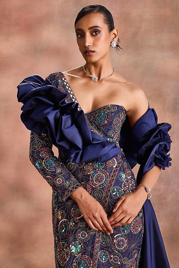 Navy Blue Pure Silk Embroidered Bridal Gown by Supria Munjal at Pernia's Pop Up Shop