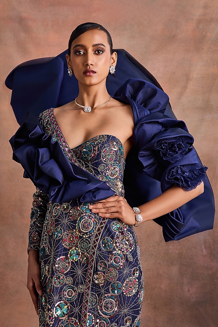 Navy Blue Pure Silk Embroidered Bridal Gown by Supria Munjal at Pernia's Pop Up Shop