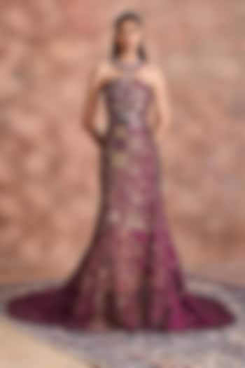 Wine Pure Silk Embroidered Corset Bridal Gown by Supria Munjal at Pernia's Pop Up Shop