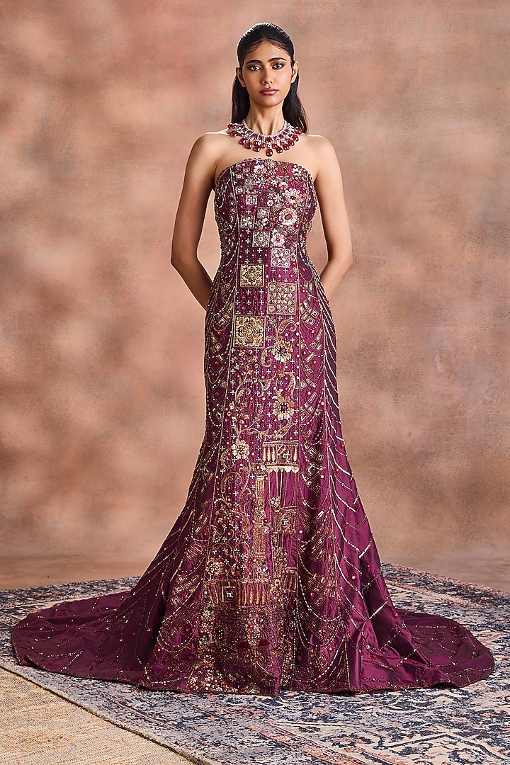 Wine Pure Silk Embroidered Corset Bridal Gown by Supria Munjal at Pernia's Pop Up Shop