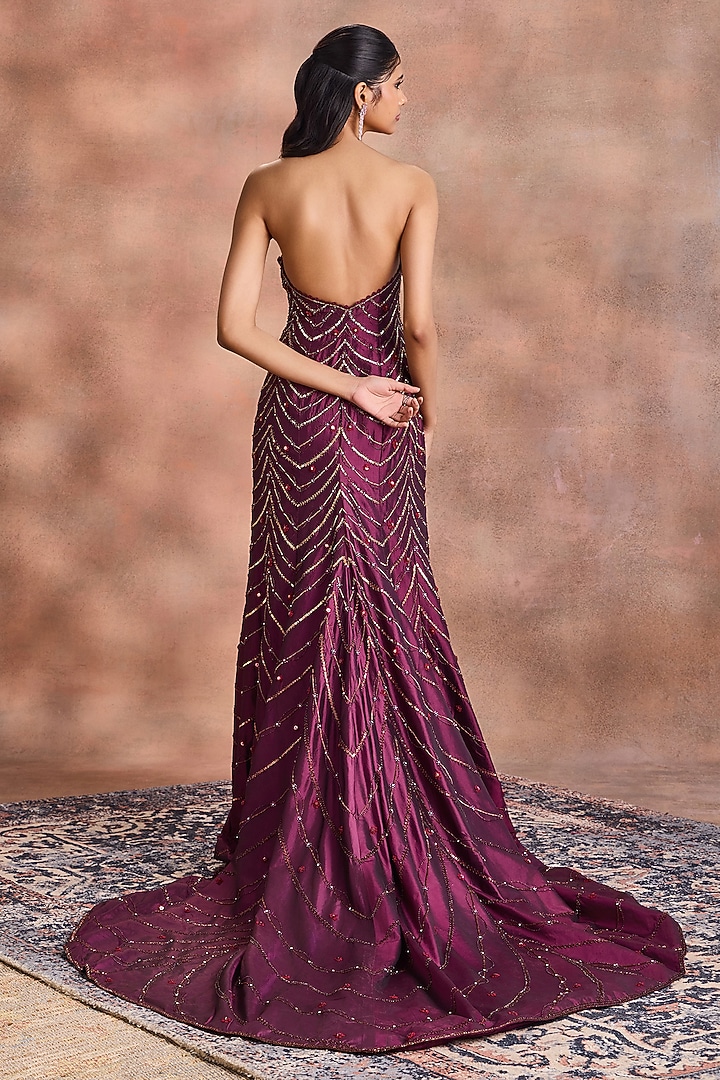 Wine Pure Silk Embroidered Corset Bridal Gown by Supria Munjal at Pernia's Pop Up Shop