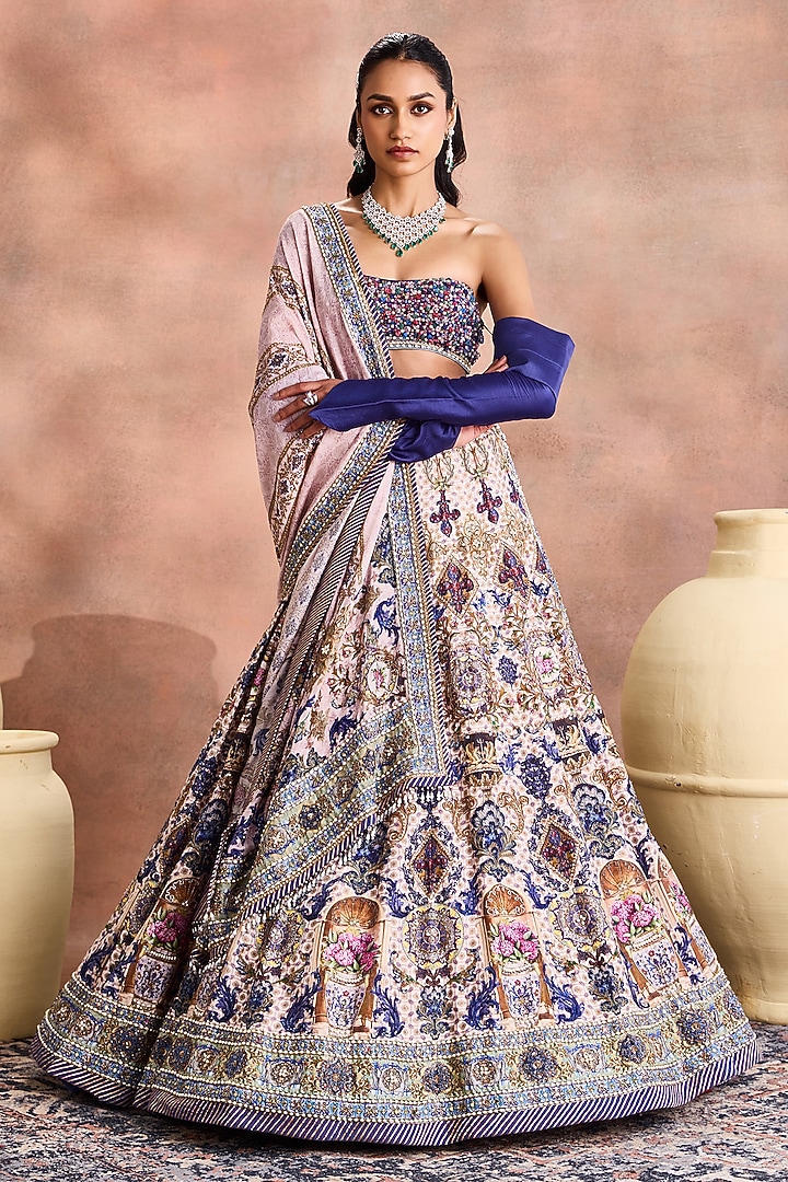Royal Blue Chanderi Silk Printed & Embellished Bridal Lehenga Set by Supria Munjal at Pernia's Pop Up Shop