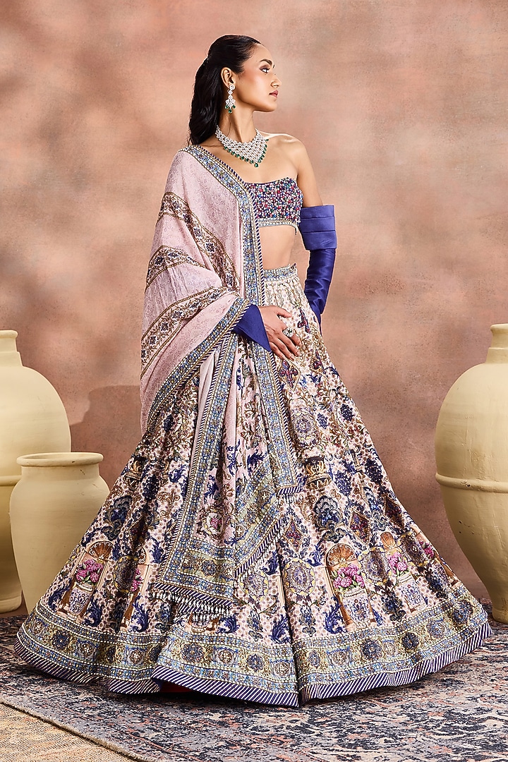 Royal Blue Chanderi Silk Printed & Embellished Bridal Lehenga Set by Supria Munjal at Pernia's Pop Up Shop