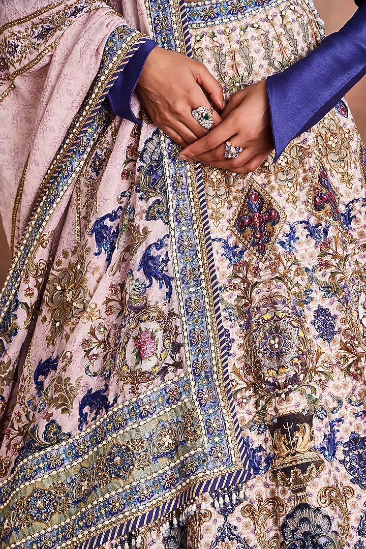 Royal Blue Chanderi Silk Printed & Embellished Bridal Lehenga Set by Supria Munjal at Pernia's Pop Up Shop