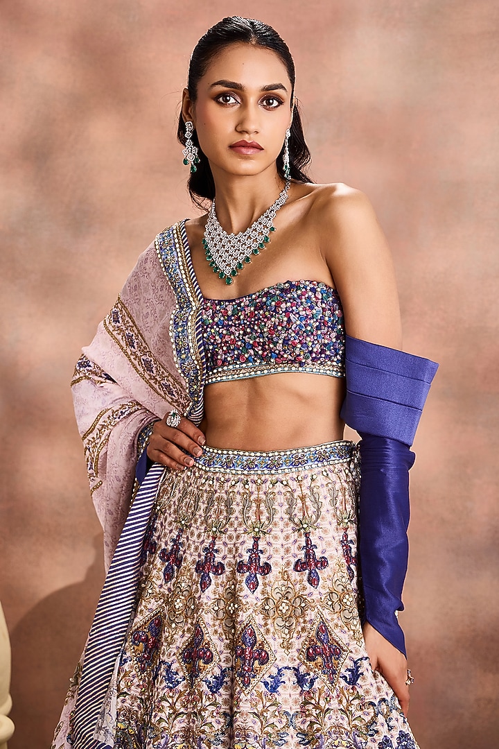 Royal Blue Chanderi Silk Printed & Embellished Bridal Lehenga Set by Supria Munjal at Pernia's Pop Up Shop