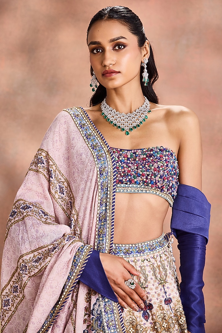 Royal Blue Chanderi Silk Printed & Embellished Bridal Lehenga Set by Supria Munjal at Pernia's Pop Up Shop