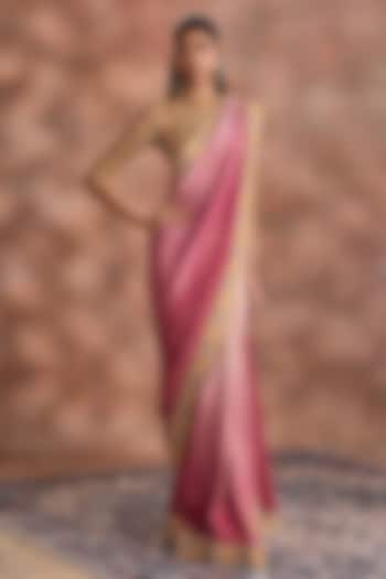 Cashmere Rose Crinkled Shimmer Silk Tissue Embroidered Ombre Bridal Saree Set by Supria Munjal at Pernia's Pop Up Shop