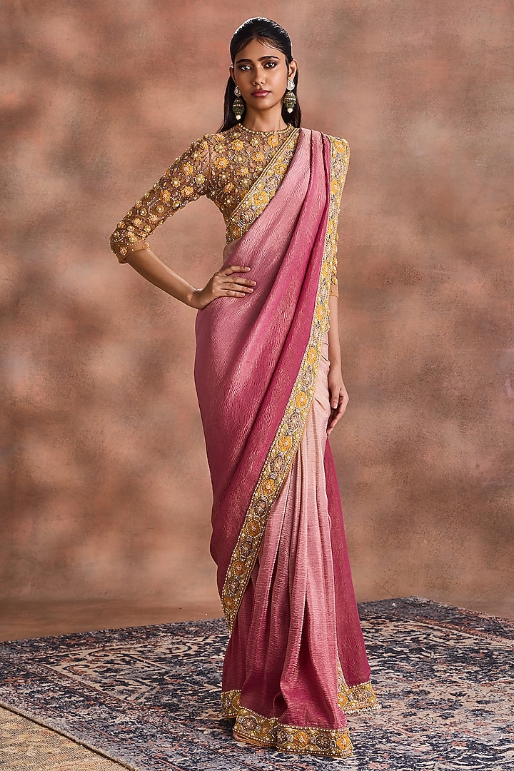 Cashmere Rose Crinkled Shimmer Silk Tissue Embroidered Ombre Bridal Saree Set by Supria Munjal at Pernia's Pop Up Shop