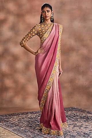 Cashmere Rose Crinkled Shimmer Silk Tissue Embroidered Ombre Saree Set by Supria Munjal