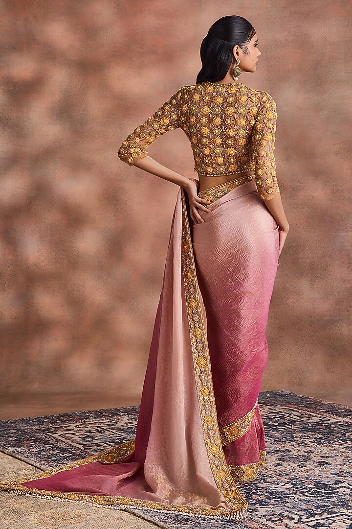 Cashmere Rose Crinkled Shimmer Silk Tissue Embroidered Ombre Bridal Saree Set by Supria Munjal at Pernia's Pop Up Shop