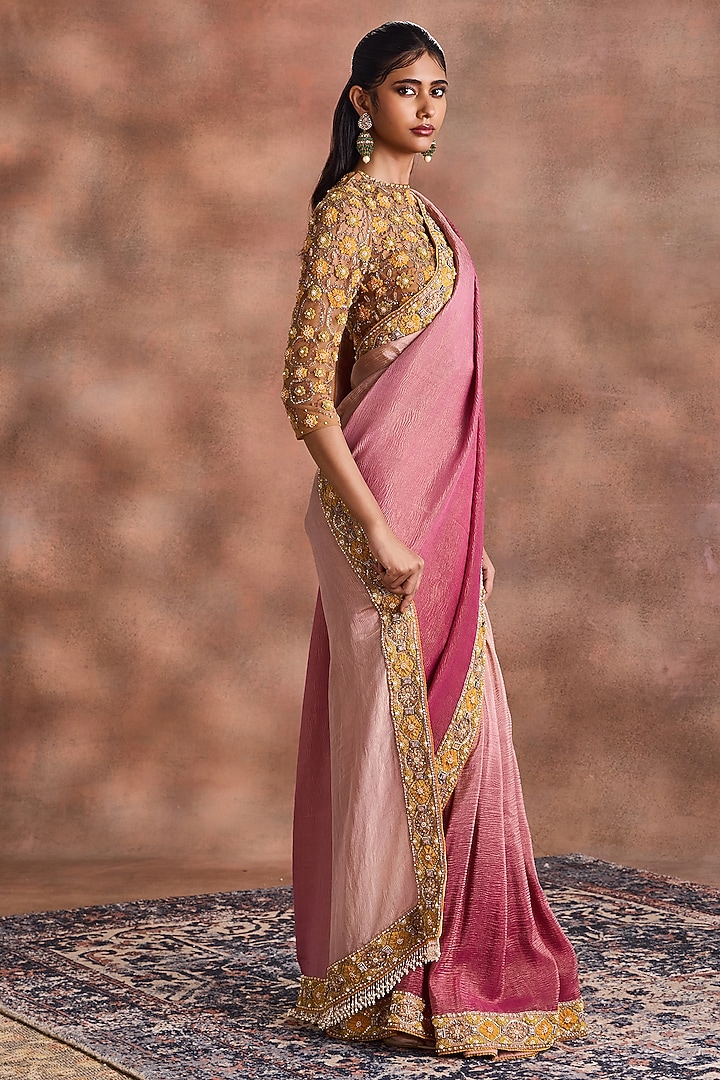 Cashmere Rose Crinkled Shimmer Silk Tissue Embroidered Ombre Bridal Saree Set by Supria Munjal at Pernia's Pop Up Shop