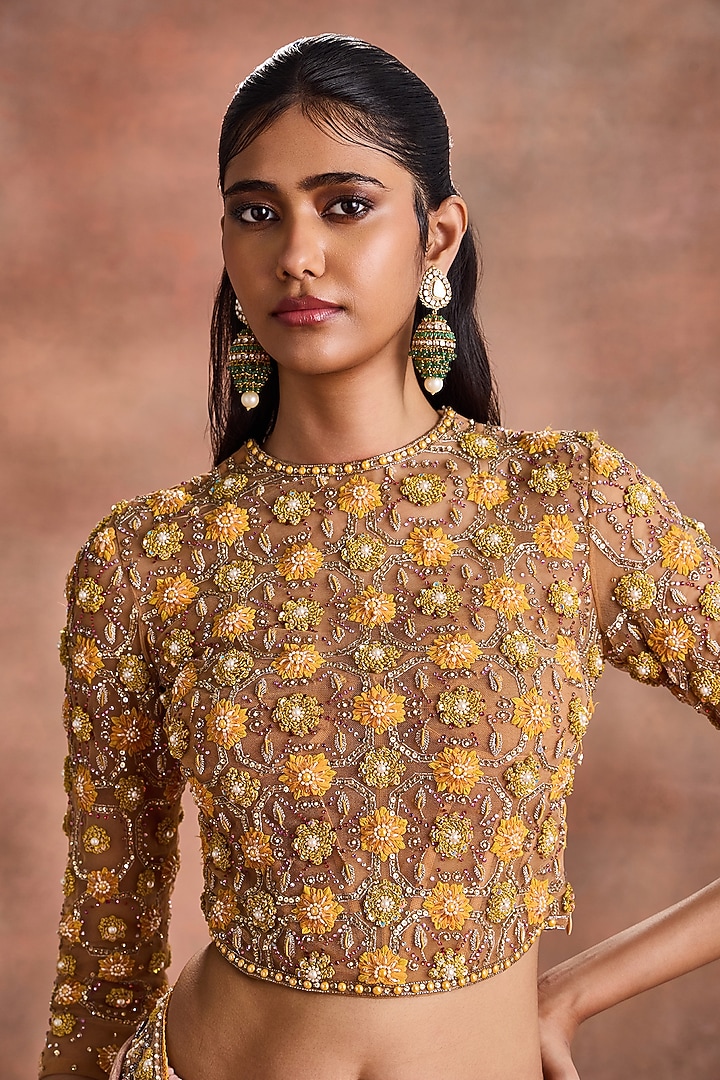 Cashmere Rose Crinkled Shimmer Silk Tissue Embroidered Ombre Bridal Saree Set by Supria Munjal at Pernia's Pop Up Shop