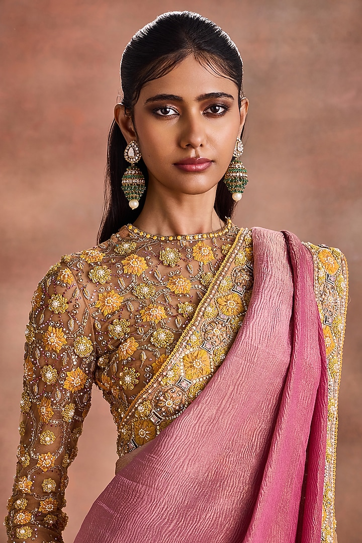Cashmere Rose Crinkled Shimmer Silk Tissue Embroidered Ombre Bridal Saree Set by Supria Munjal at Pernia's Pop Up Shop