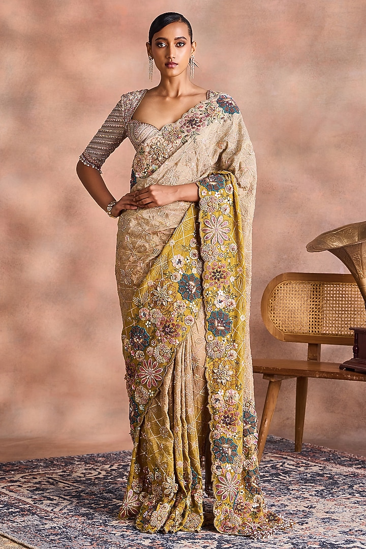 Mustard Gold Crinkled Shimmer Silk Tissue Embroidered Ombre Bridal Saree Set by Supria Munjal at Pernia's Pop Up Shop