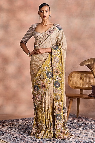 Mustard Gold Crinkled Shimmer Silk Tissue Embroidered Ombre Saree Set by Supria Munjal