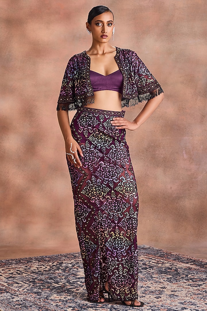 Shadow Purple Zero Net Embroidered Jacket Set by Supria Munjal at Pernia's Pop Up Shop