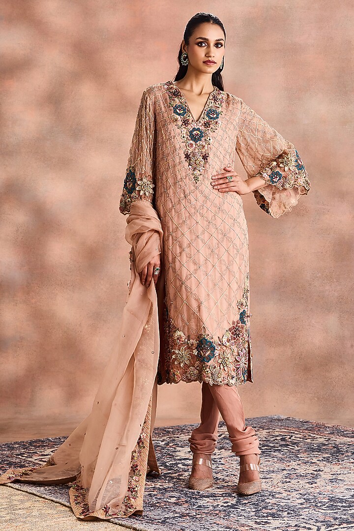 Beige Silk Organza Embroidered Kurta Set by Supria Munjal at Pernia's Pop Up Shop