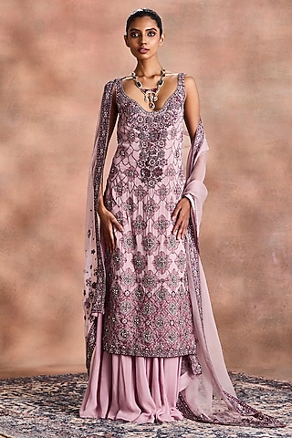Lilac Shimmer Georgette Sharara Set by Supria Munjal