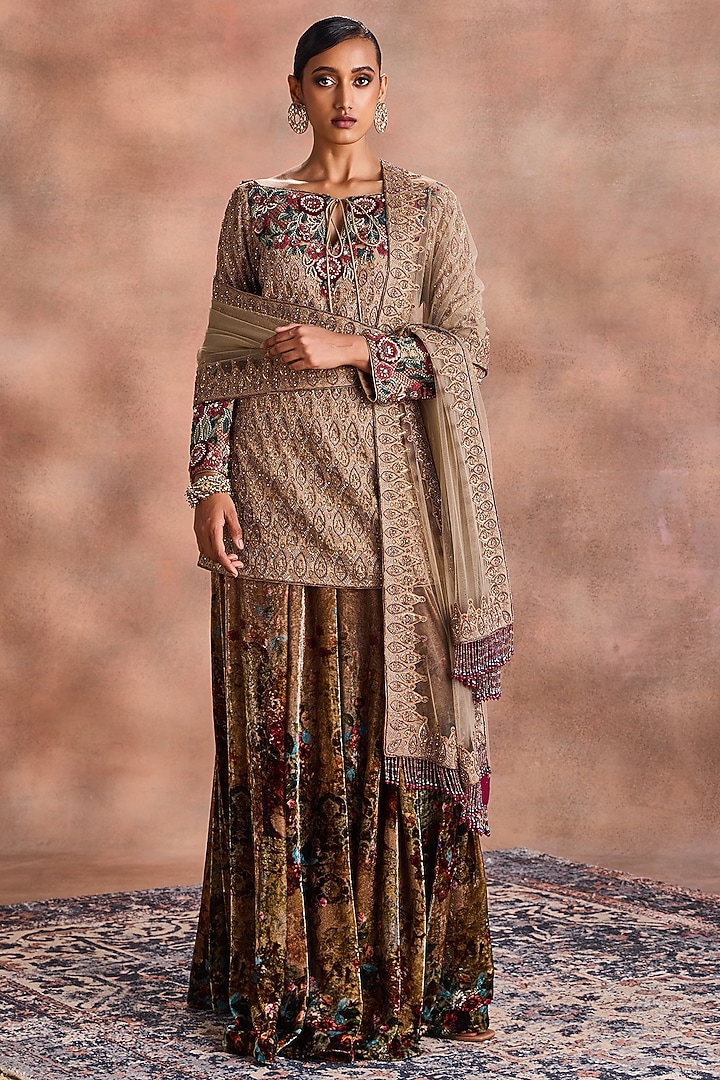 Sand Gold Tissue Chanderi & Velvet Embroidered Kurta Set by Supria Munjal at Pernia's Pop Up Shop
