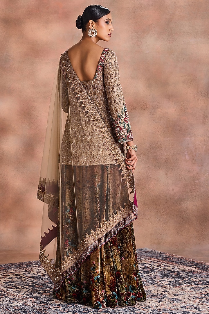 Sand Gold Tissue Chanderi & Velvet Embroidered Kurta Set by Supria Munjal at Pernia's Pop Up Shop