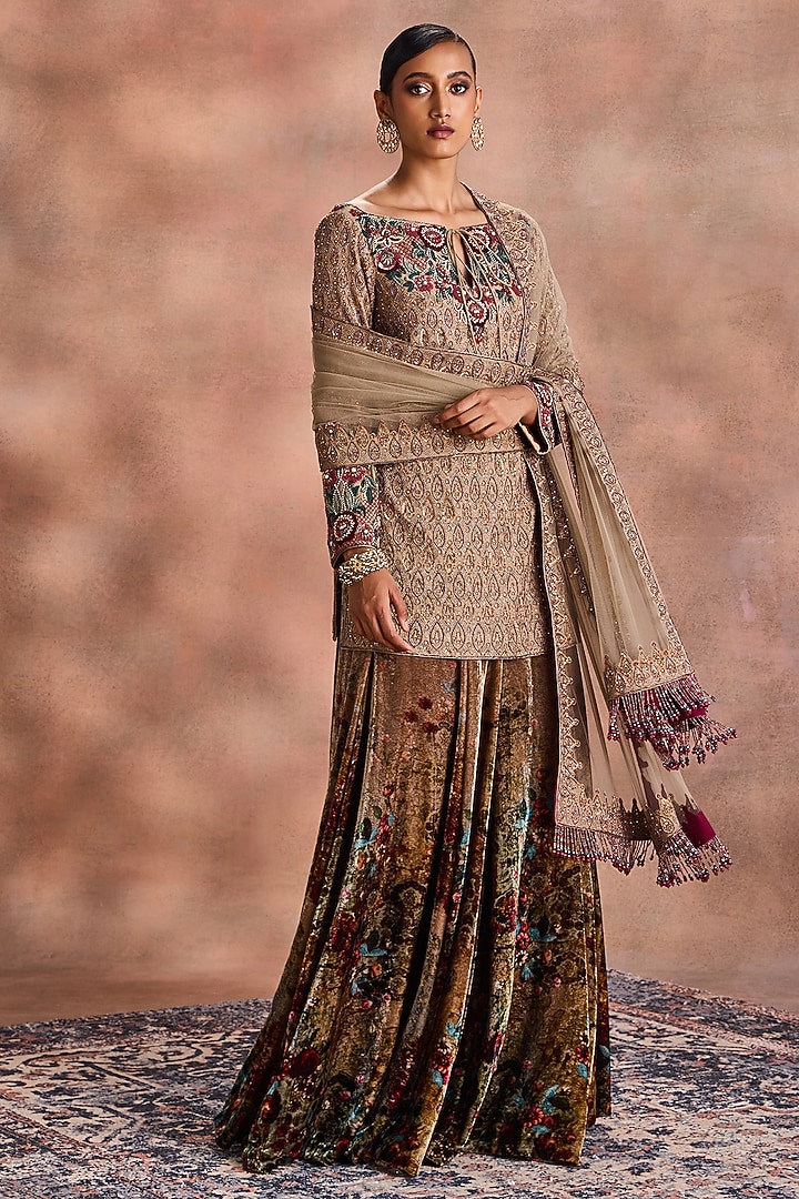 Sand Gold Tissue Chanderi & Velvet Embroidered Kurta Set by Supria Munjal at Pernia's Pop Up Shop