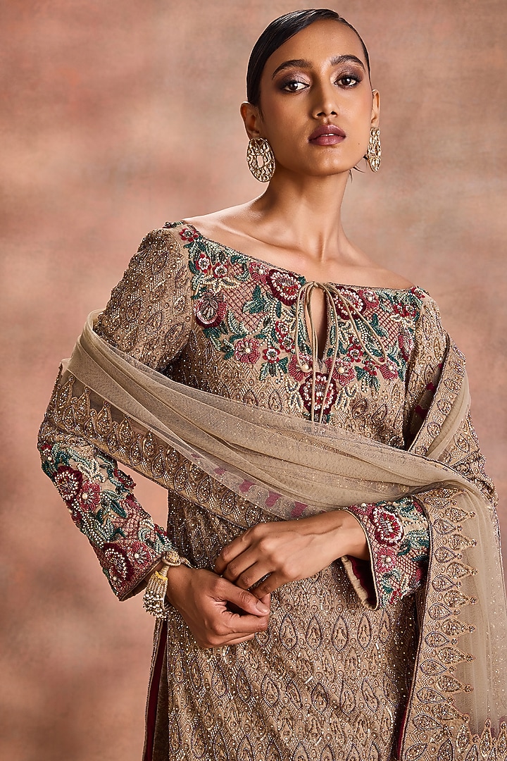 Sand Gold Tissue Chanderi & Velvet Embroidered Kurta Set by Supria Munjal at Pernia's Pop Up Shop