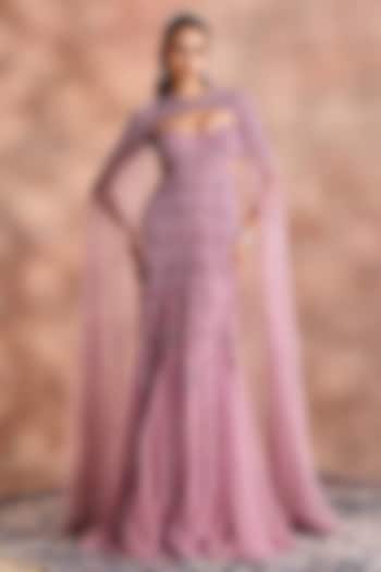 Lilac Tulle Embellished Cape Tube Bridal Gown by Supria Munjal at Pernia's Pop Up Shop