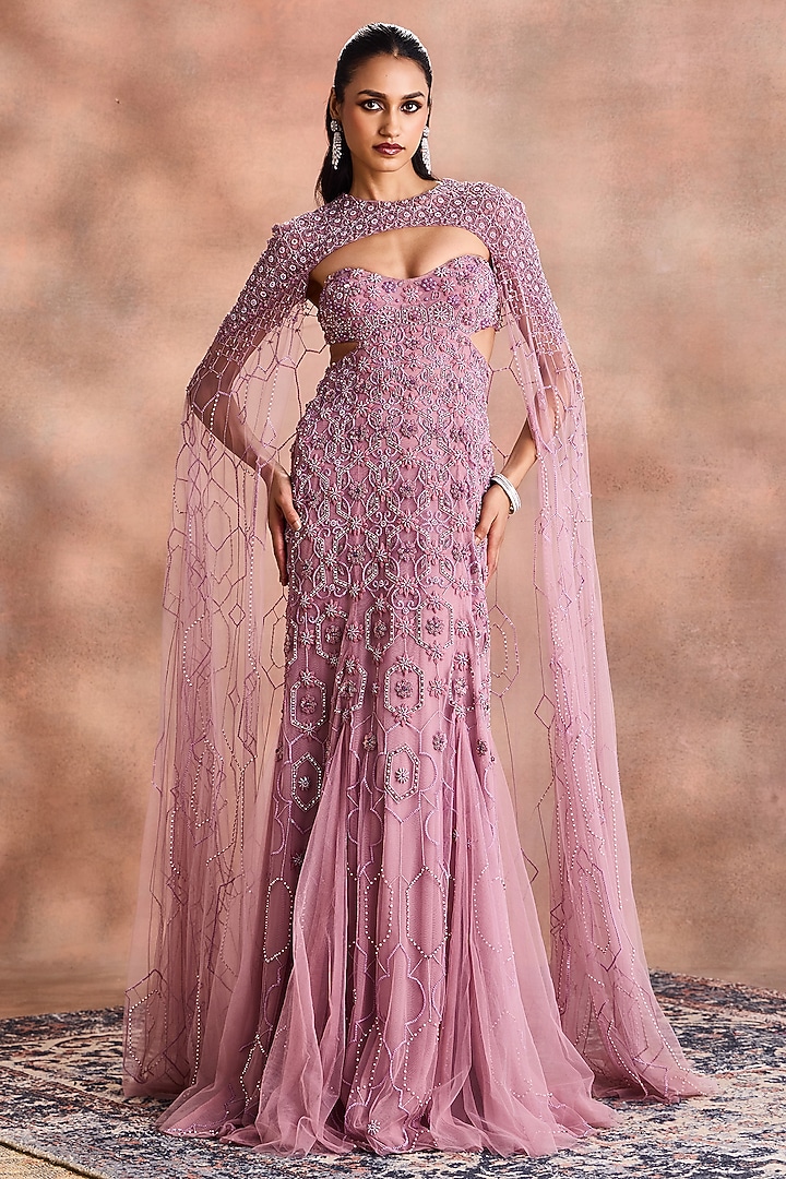 Lilac Tulle Embellished Cape Tube Bridal Gown by Supria Munjal at Pernia's Pop Up Shop