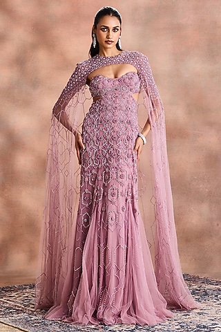Lilac Tulle Embellished Cape Tube Gown by Supria Munjal