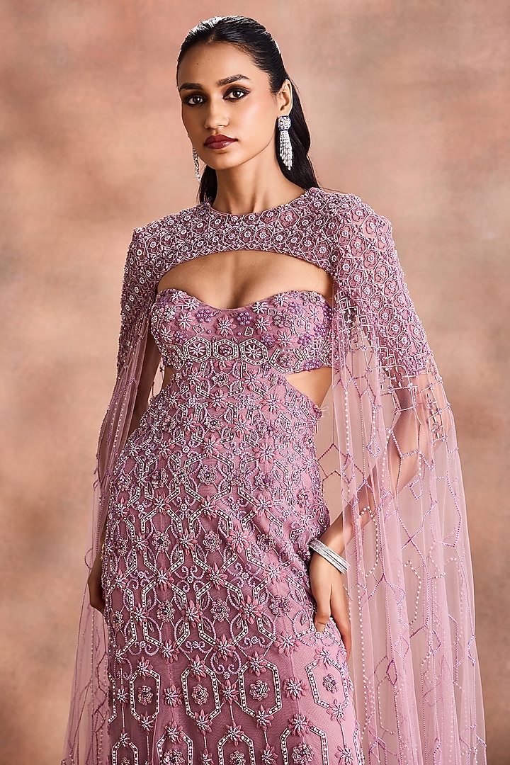 Lilac Tulle Embellished Cape Tube Bridal Gown by Supria Munjal at Pernia's Pop Up Shop
