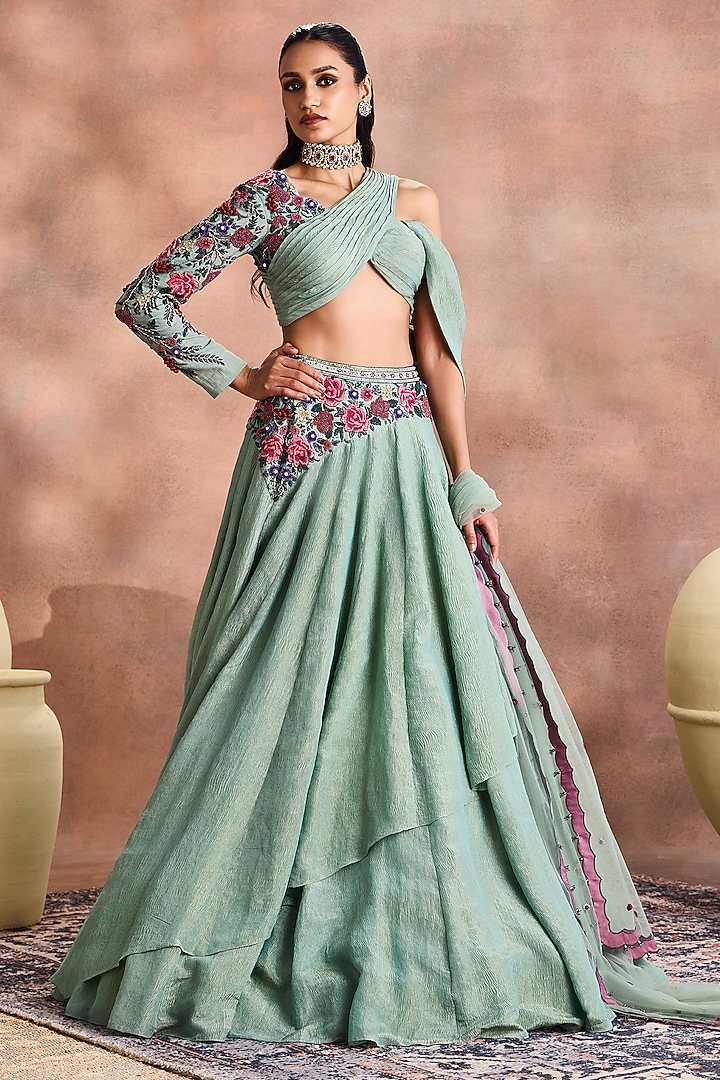 Smoke Green Crinkled Shimmer Silk Tissue Embroidered Skirt Set by Supria Munjal at Pernia's Pop Up Shop