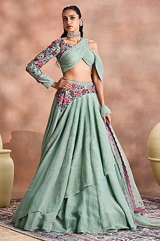 Smoke Green Crinkled Shimmer Silk Tissue Embroidered Skirt Set by Supria Munjal