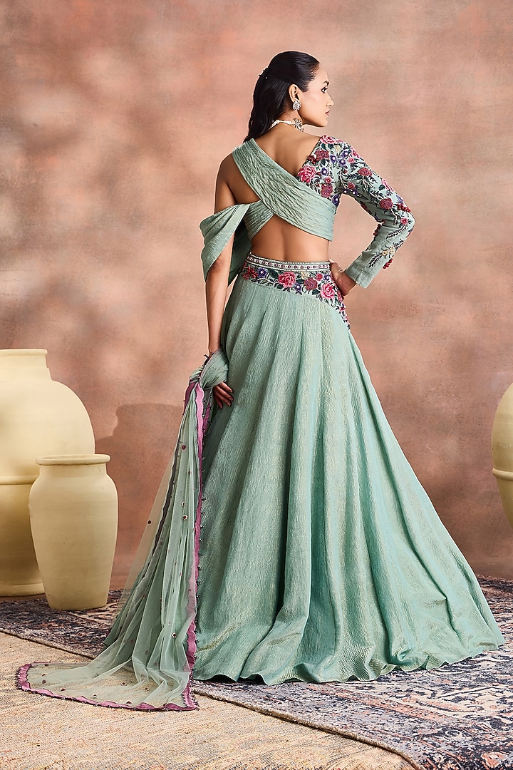 Smoke Green Crinkled Shimmer Silk Tissue Embroidered Skirt Set by Supria Munjal at Pernia's Pop Up Shop