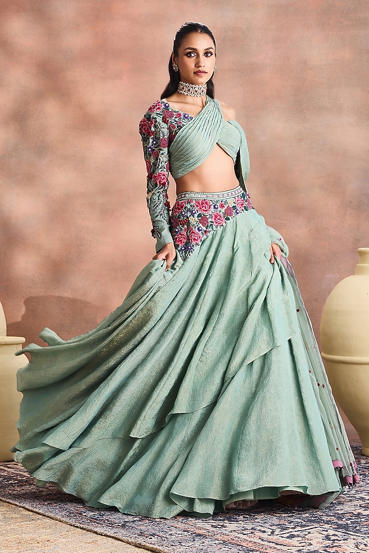 Smoke Green Crinkled Shimmer Silk Tissue Embroidered Skirt Set by Supria Munjal at Pernia's Pop Up Shop