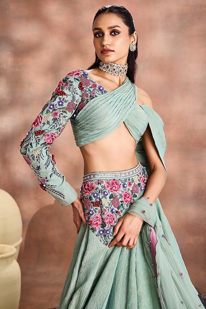 Smoke Green Crinkled Shimmer Silk Tissue Embroidered Skirt Set by Supria Munjal at Pernia's Pop Up Shop