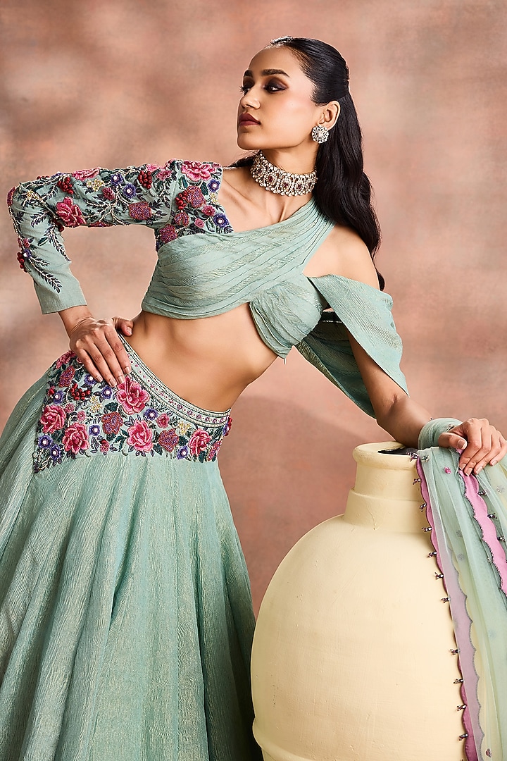 Smoke Green Crinkled Shimmer Silk Tissue Embroidered Skirt Set by Supria Munjal at Pernia's Pop Up Shop
