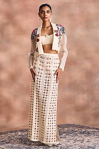 Dew-Colored Silk Organza Embroidered Jacket Set by Supria Munjal