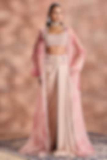 Pearl Blush Georgette Crepe & Pure Organza Printed Cape Set by Supria Munjal at Pernia's Pop Up Shop