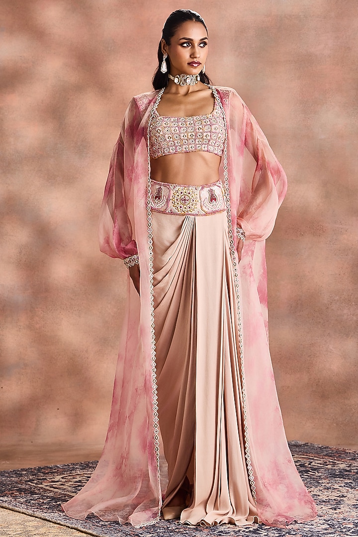 Pearl Blush Georgette Crepe & Pure Organza Printed Cape Set by Supria Munjal at Pernia's Pop Up Shop