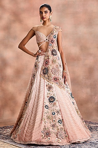 Beige Satin Organza Embroidered Lehenga Set by Supria Munjal