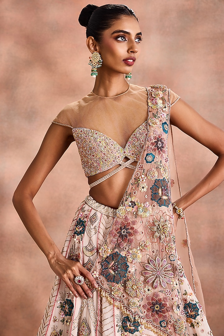 Beige Satin Organza Embroidered Bridal Lehenga Set by Supria Munjal at Pernia's Pop Up Shop