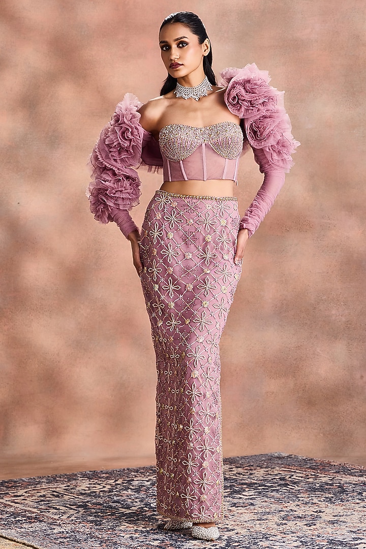 Lilac Tulle Embellished Cape Set by Supria Munjal at Pernia's Pop Up Shop