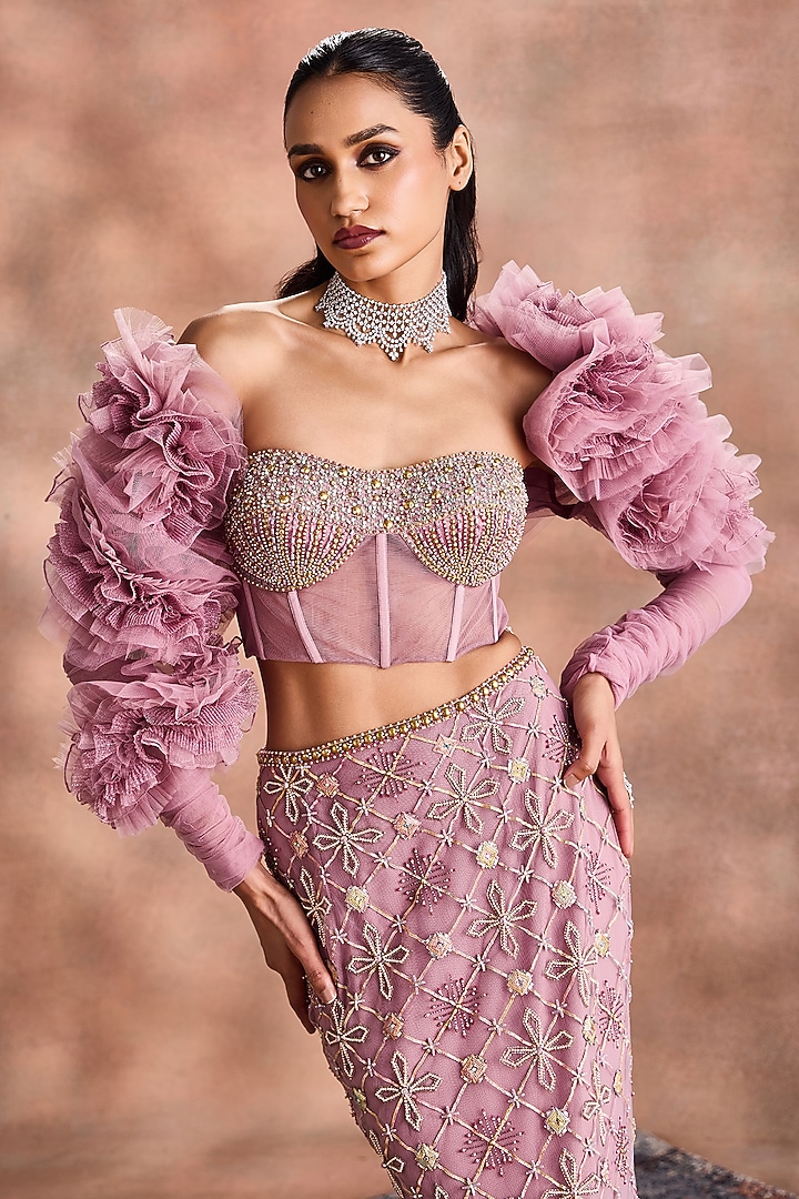 Lilac Tulle Embellished Cape Set by Supria Munjal at Pernia's Pop Up Shop