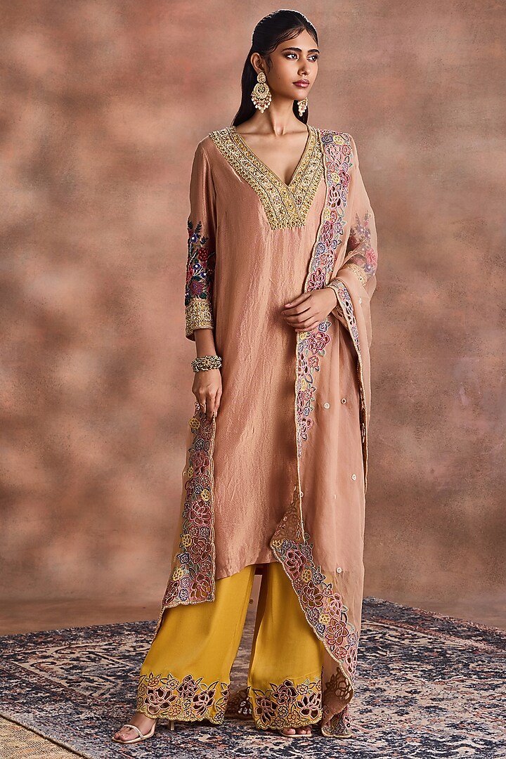 Beige & Mustard Yellow Tissue Embroidered Kurta Set by Supria Munjal at Pernia's Pop Up Shop