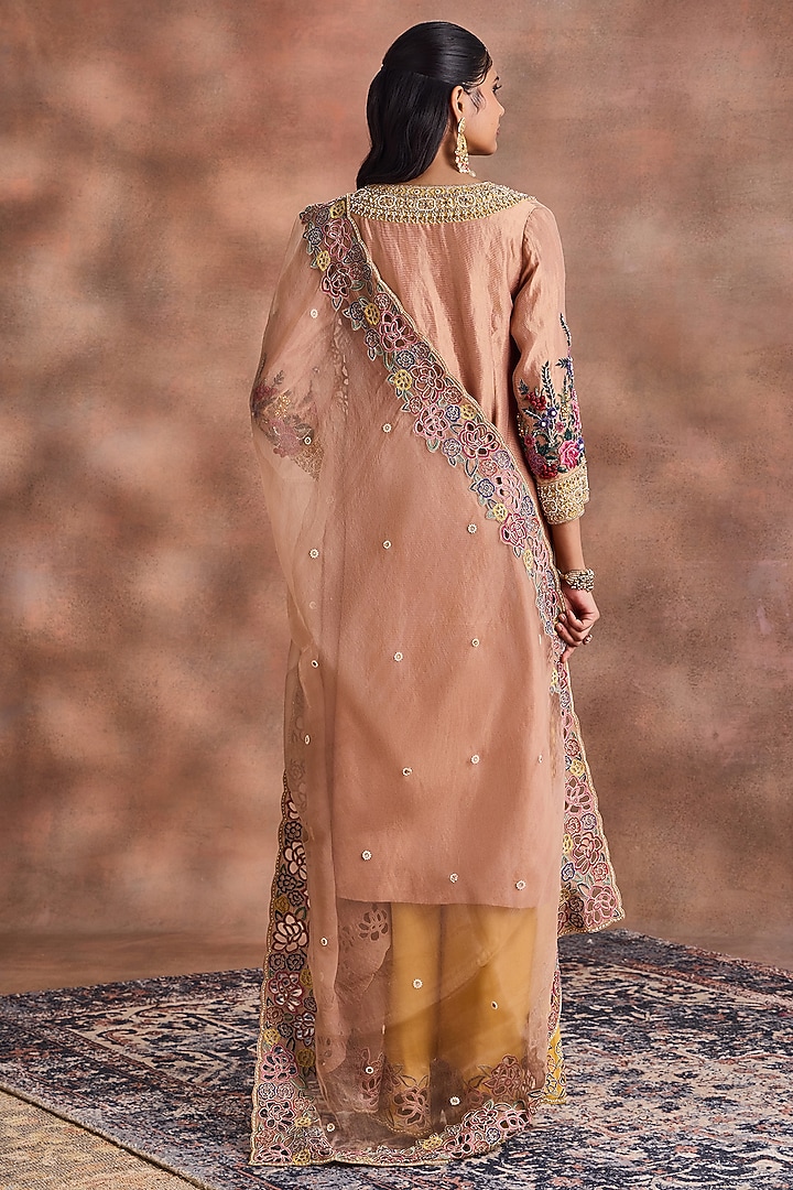 Beige & Mustard Yellow Tissue Embroidered Kurta Set by Supria Munjal at Pernia's Pop Up Shop
