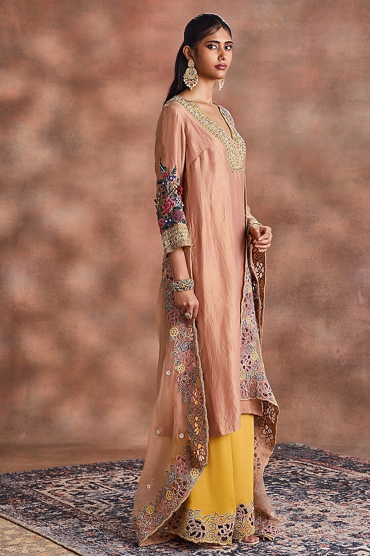 Beige & Mustard Yellow Tissue Embroidered Kurta Set by Supria Munjal at Pernia's Pop Up Shop