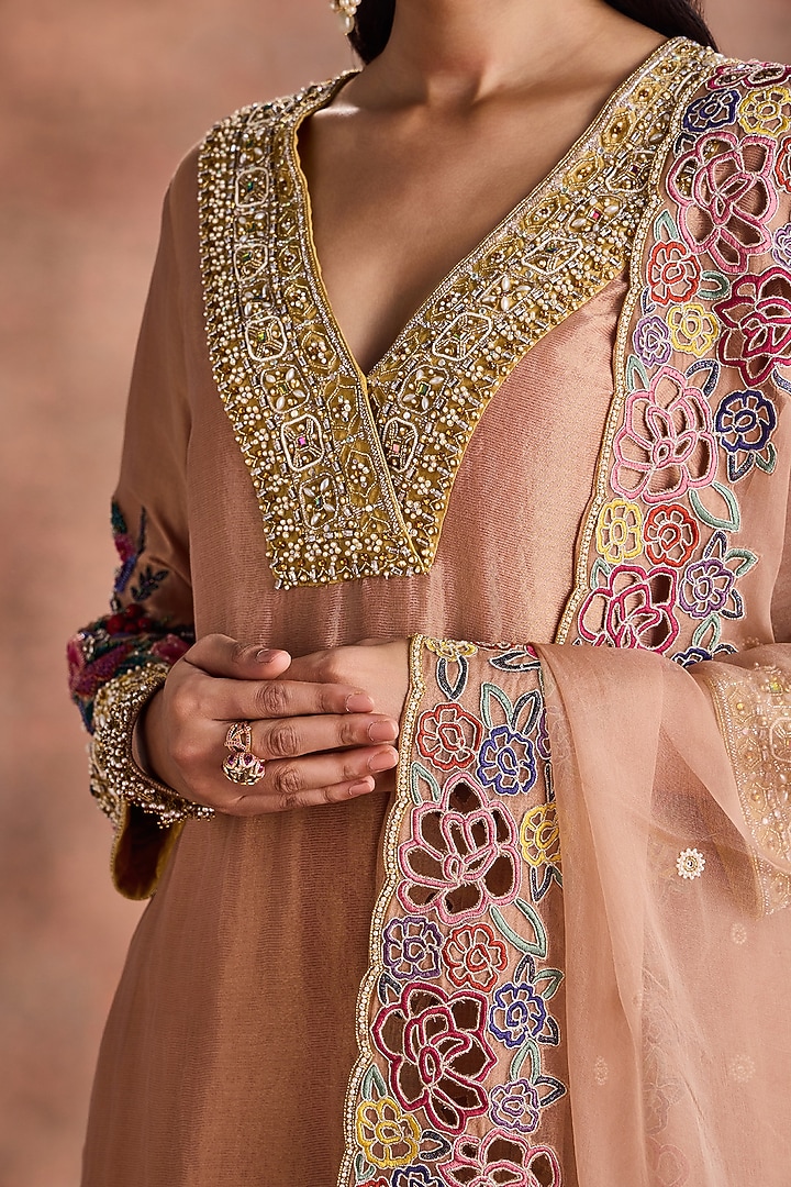 Beige & Mustard Yellow Tissue Embroidered Kurta Set by Supria Munjal at Pernia's Pop Up Shop